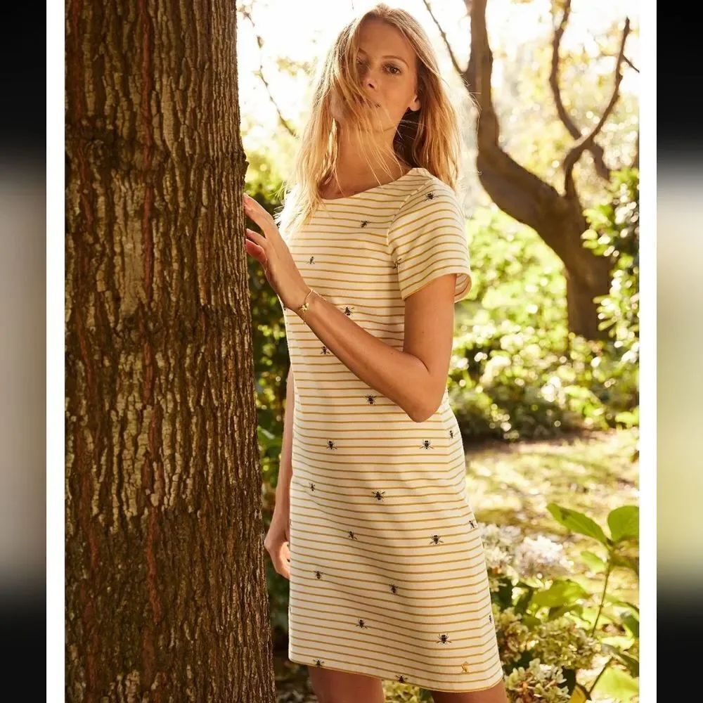 NWOT JOULES Riviera Print Short Sleeve Jersey Dress Bee Print Yellow Stripe 4